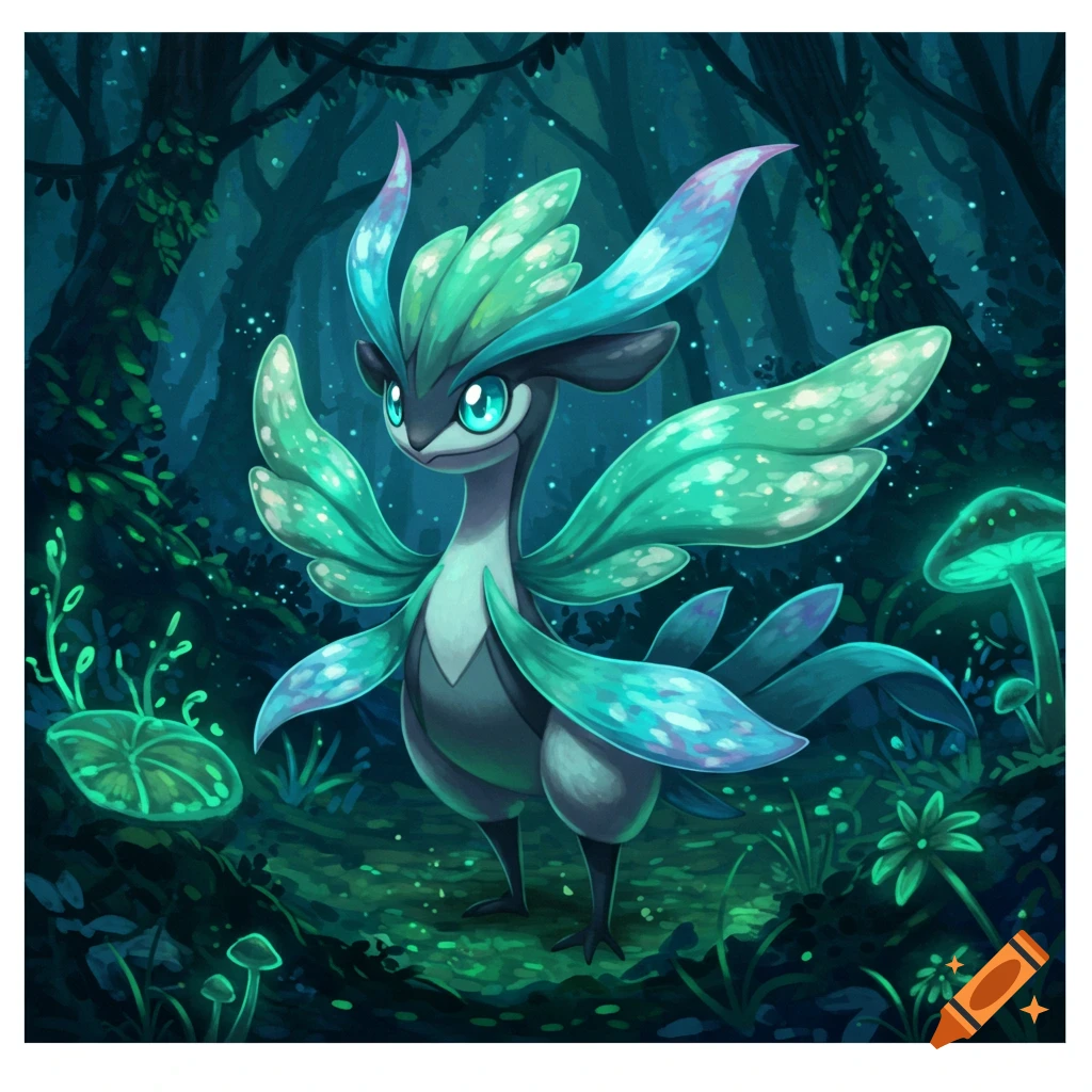 A glowing blue and green fantasy creature resembling a Pokémon, with large wing-like fins, stands in a dark, luminous forest with glowing mushrooms and plants.