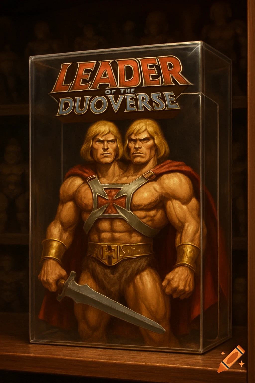 A two-headed He-Man action figure, holding a sword, encased in a clear box labeled 'LEADER OF THE DUOVERSE' on a wooden shelf.