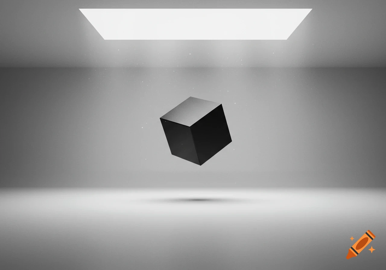 A black cube floats in a minimalist gray room with a rectangular light source on the ceiling.