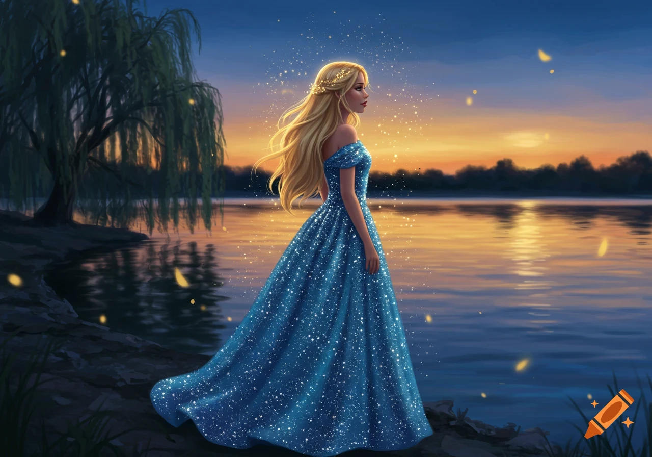 A blond girl in a sparkling blue gown stands by a lake at sunset, with glowing specks surrounding her in a digital painting.