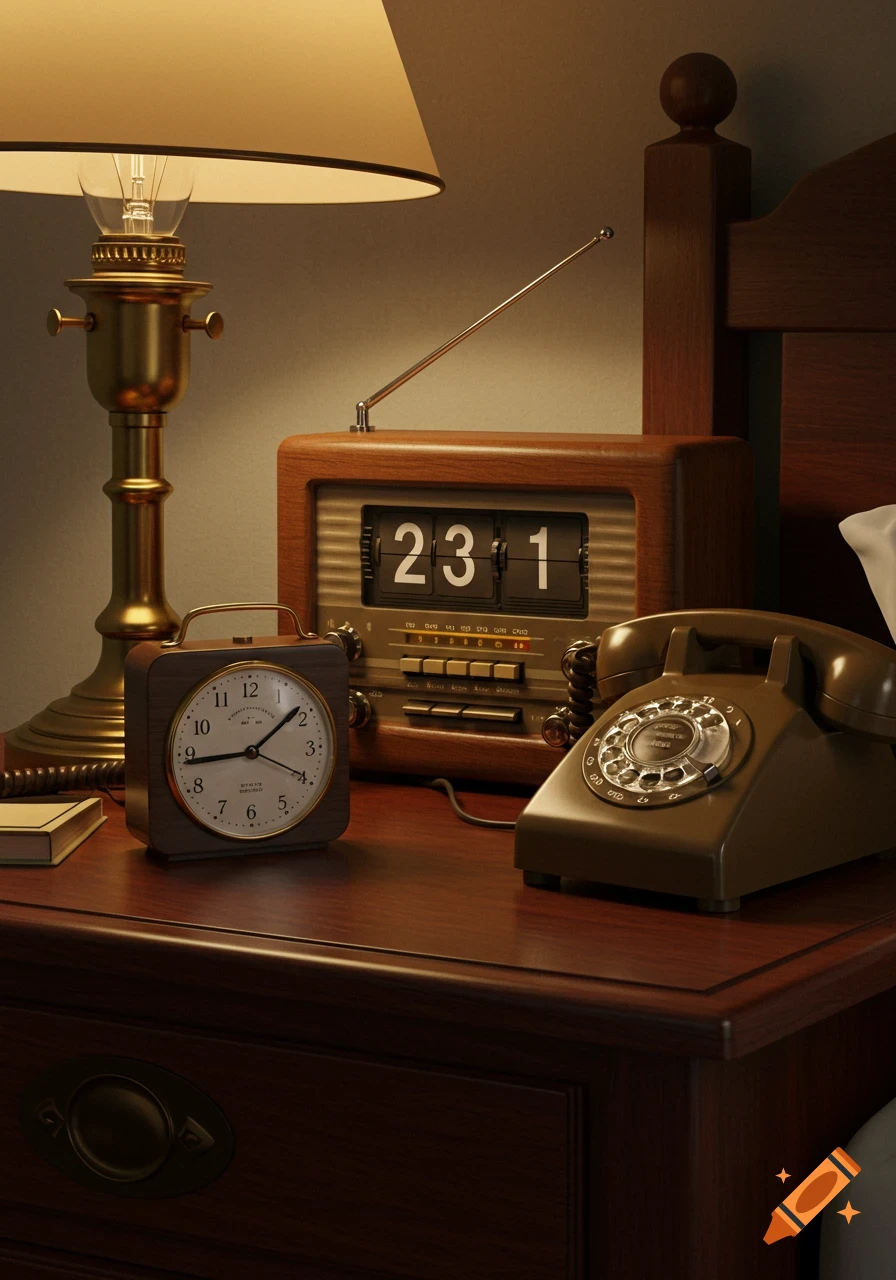 A vintage bedside scene with a brass lamp, a wooden flip-clock radio displaying "23 1", a square alarm clock, and an old rotary telephone on a dark wooden nightstand.