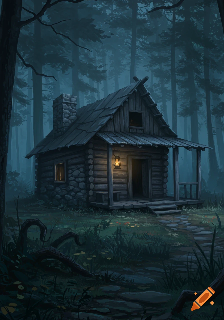 An illustrative, dark fantasy scene of a rustic wooden cabin with a glowing lantern in a misty, moonlit forest.