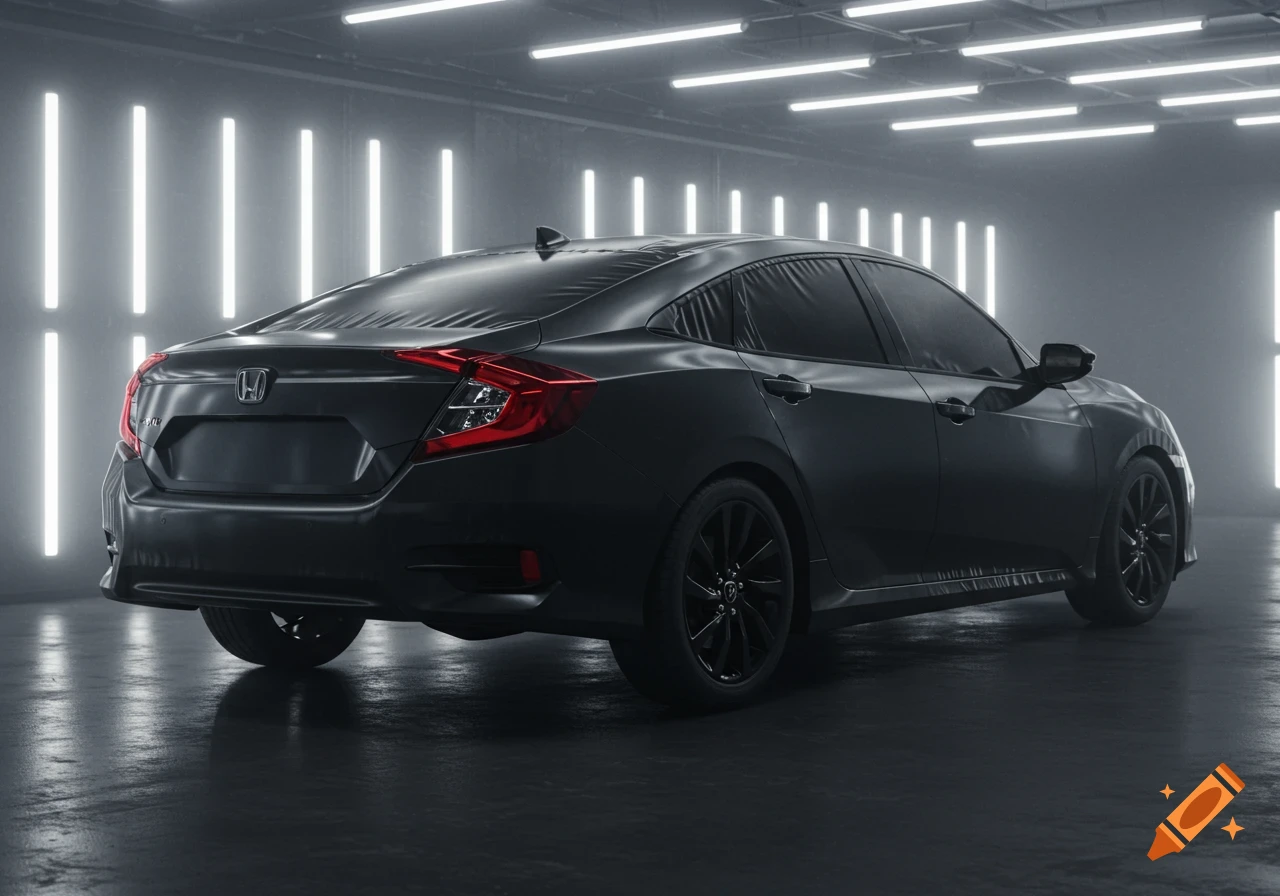 Rear view of a black Honda Civic sedan, covered in a wrinkled, matte black material, in a modern, lit garage.