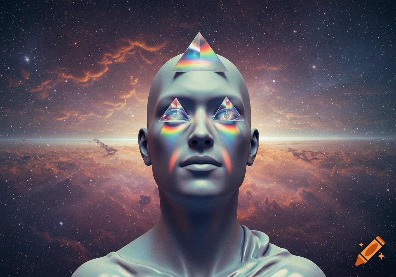 A surreal bald figure with prism eyes and a forehead prism, refracting rainbow light, against a cosmic starfield.