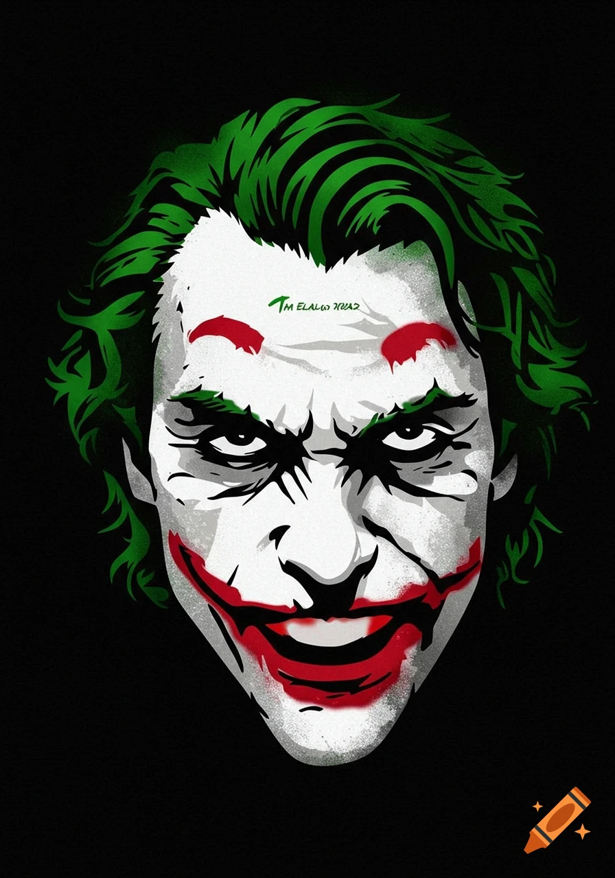 A stylized graphic art illustration of the Joker's face with green hair, white skin, and a red smile, against a black background.