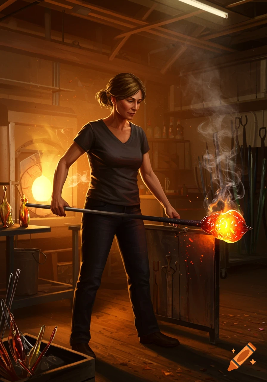 Woman concentrating while glass blowing in a warm, glowing workshop.