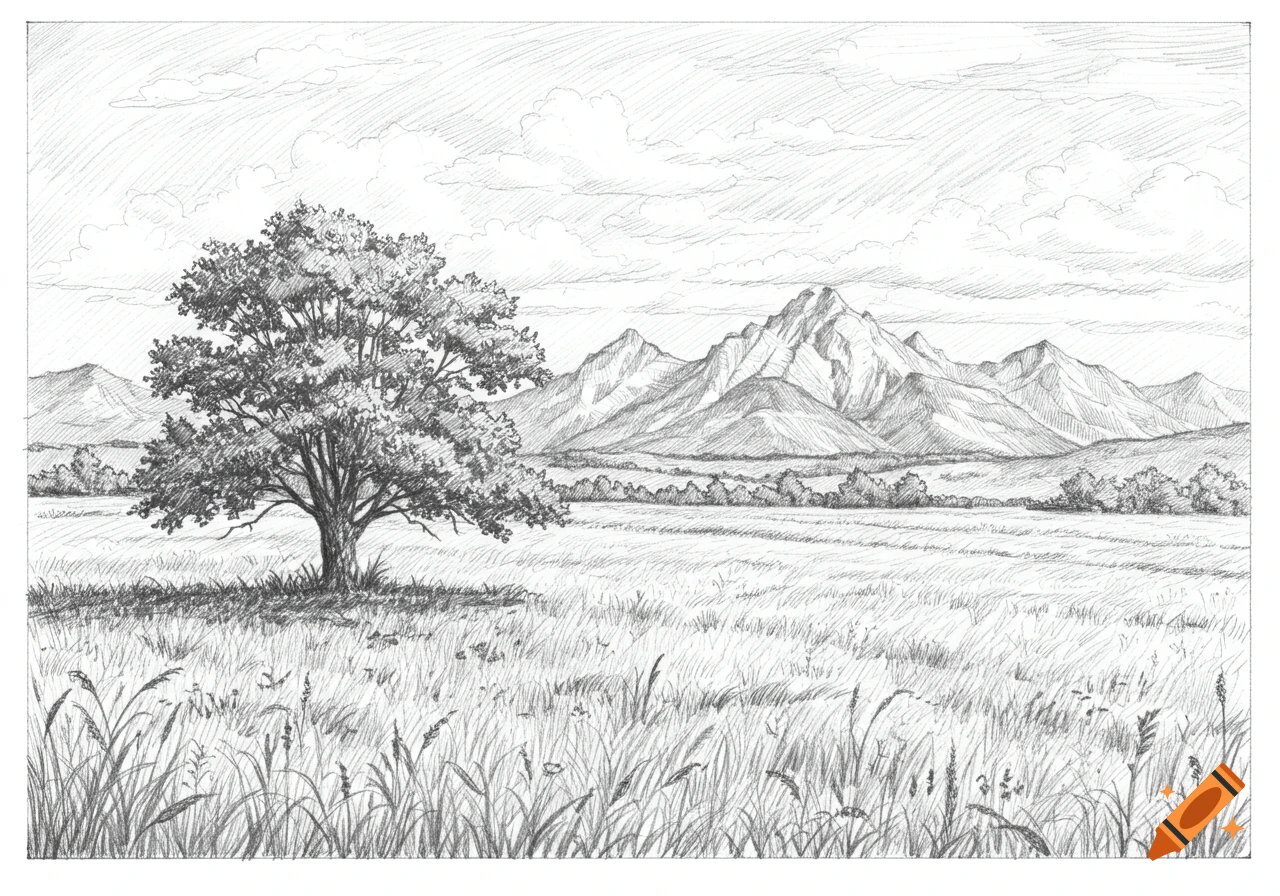 Pencil sketch of a summer landscape with a large shade tree in a rolling field and mountains in the background.