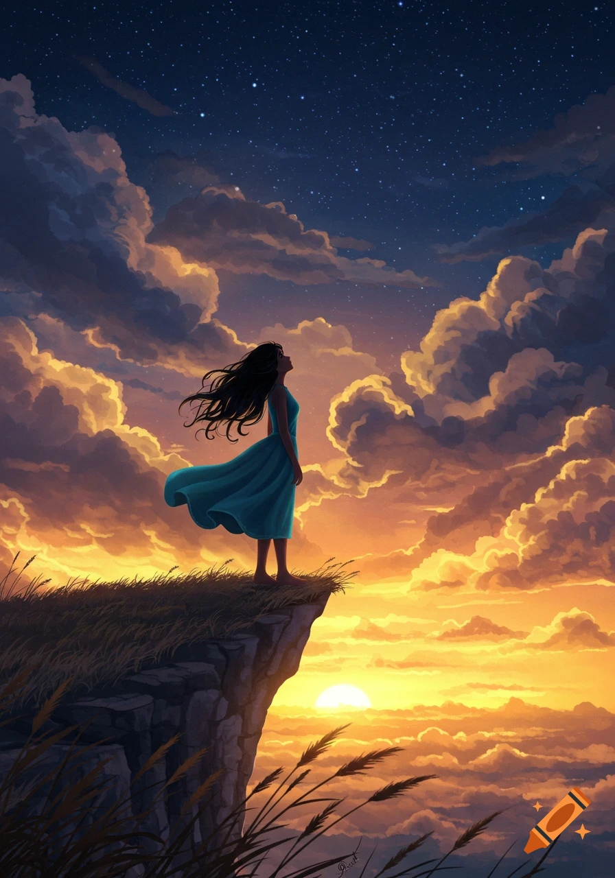 A girl in a blue dress stands on a cliff, looking up at a dramatic sunset sky with clouds and stars, digital art.