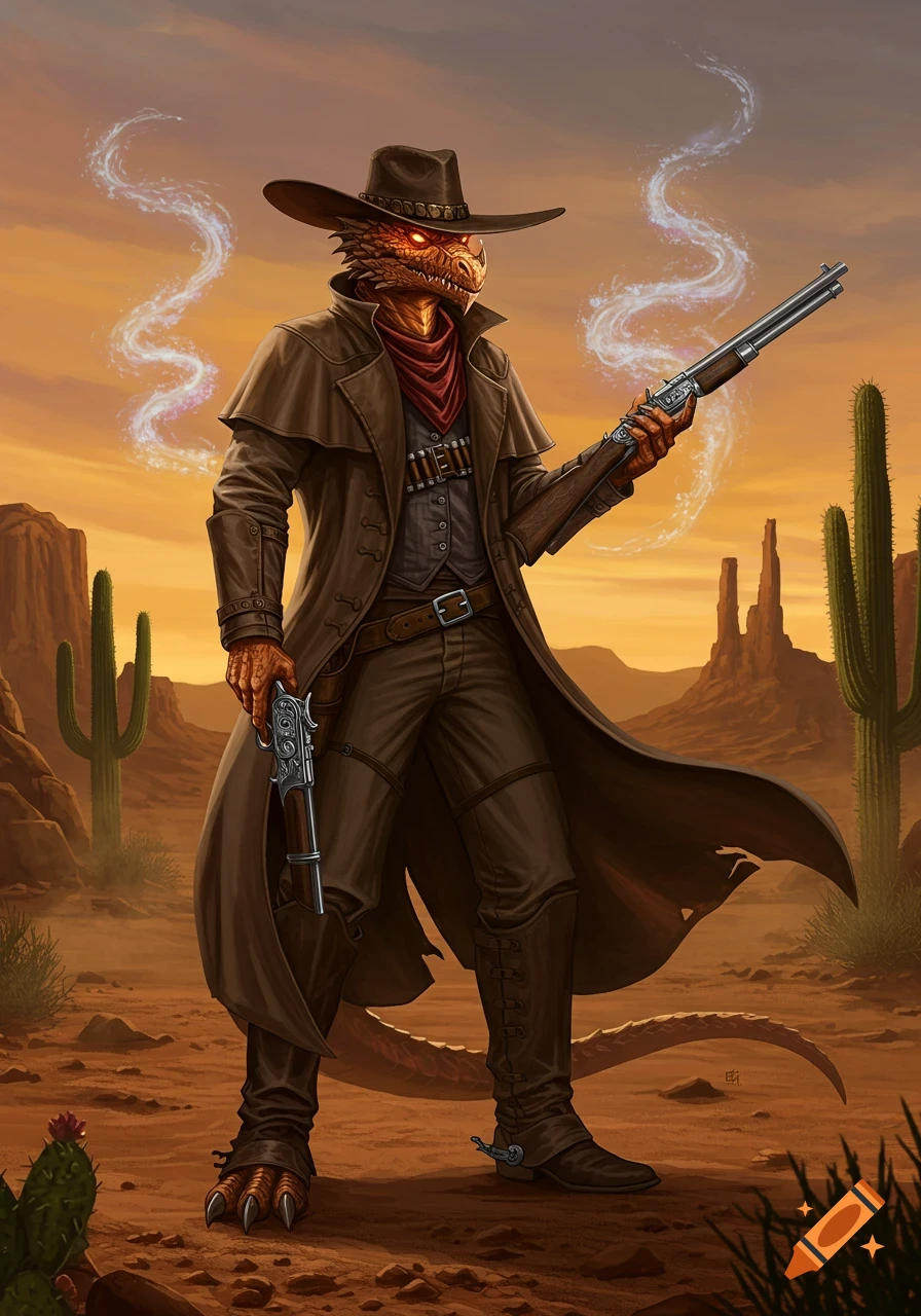 A draconic warlock in a brown duster and cowboy hat holds a rifle and pistol in a desert landscape with cacti and mesas.