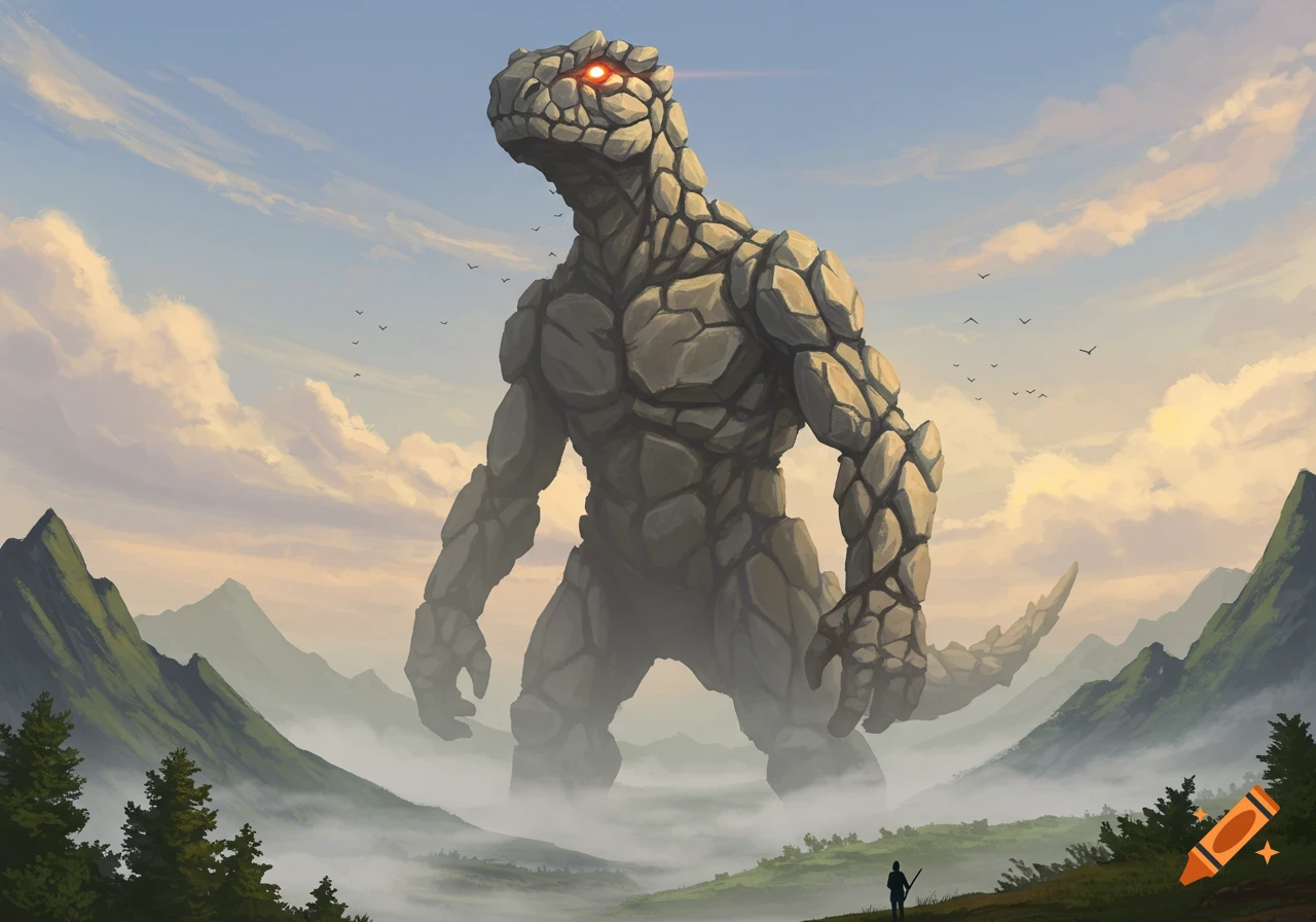 A colossal rock-skinned creature with glowing red eyes towers over a misty mountain landscape, with a tiny human in the foreground.