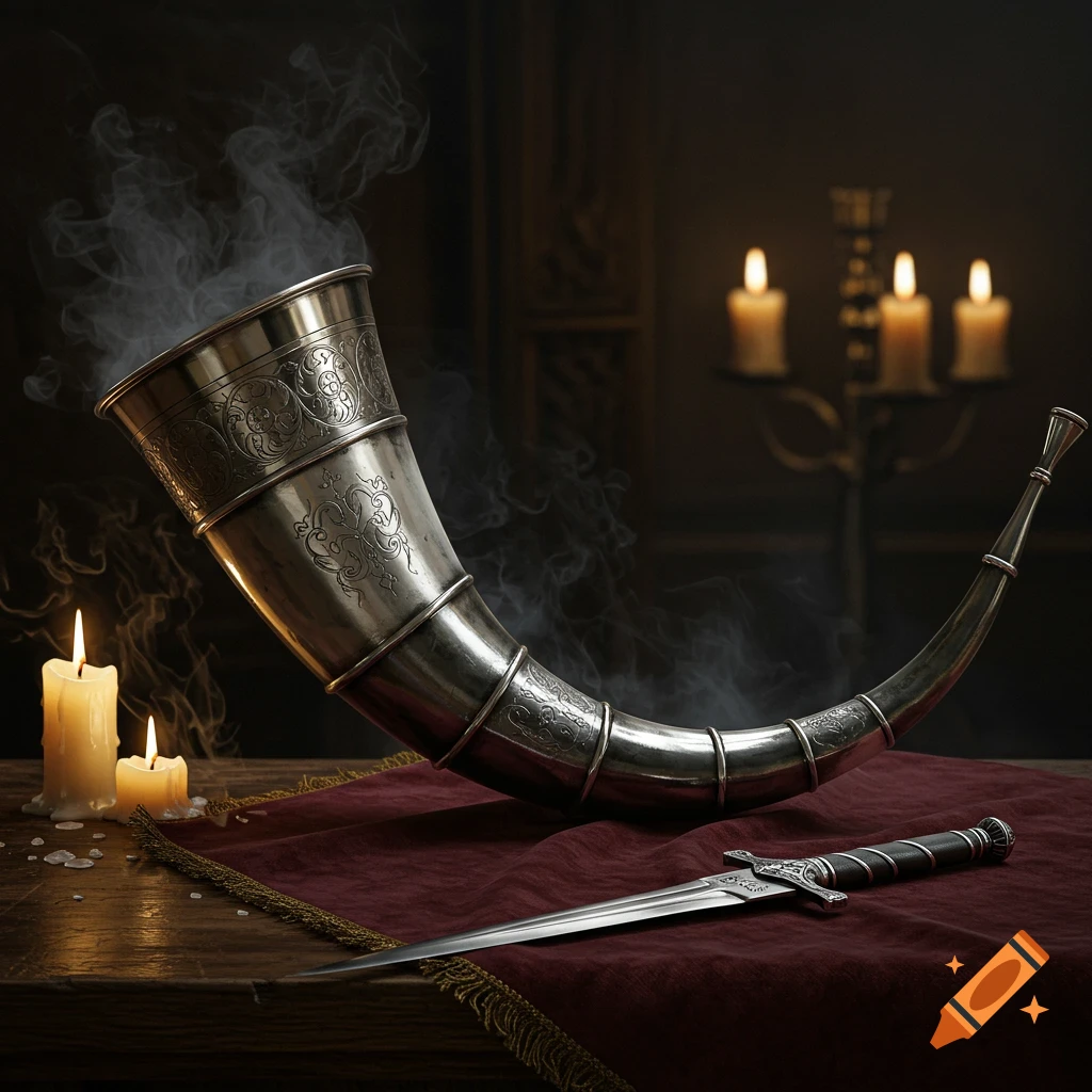 A photorealistic image of an engraved silver horn with smoke, a silver dagger, and candles on a red cloth.