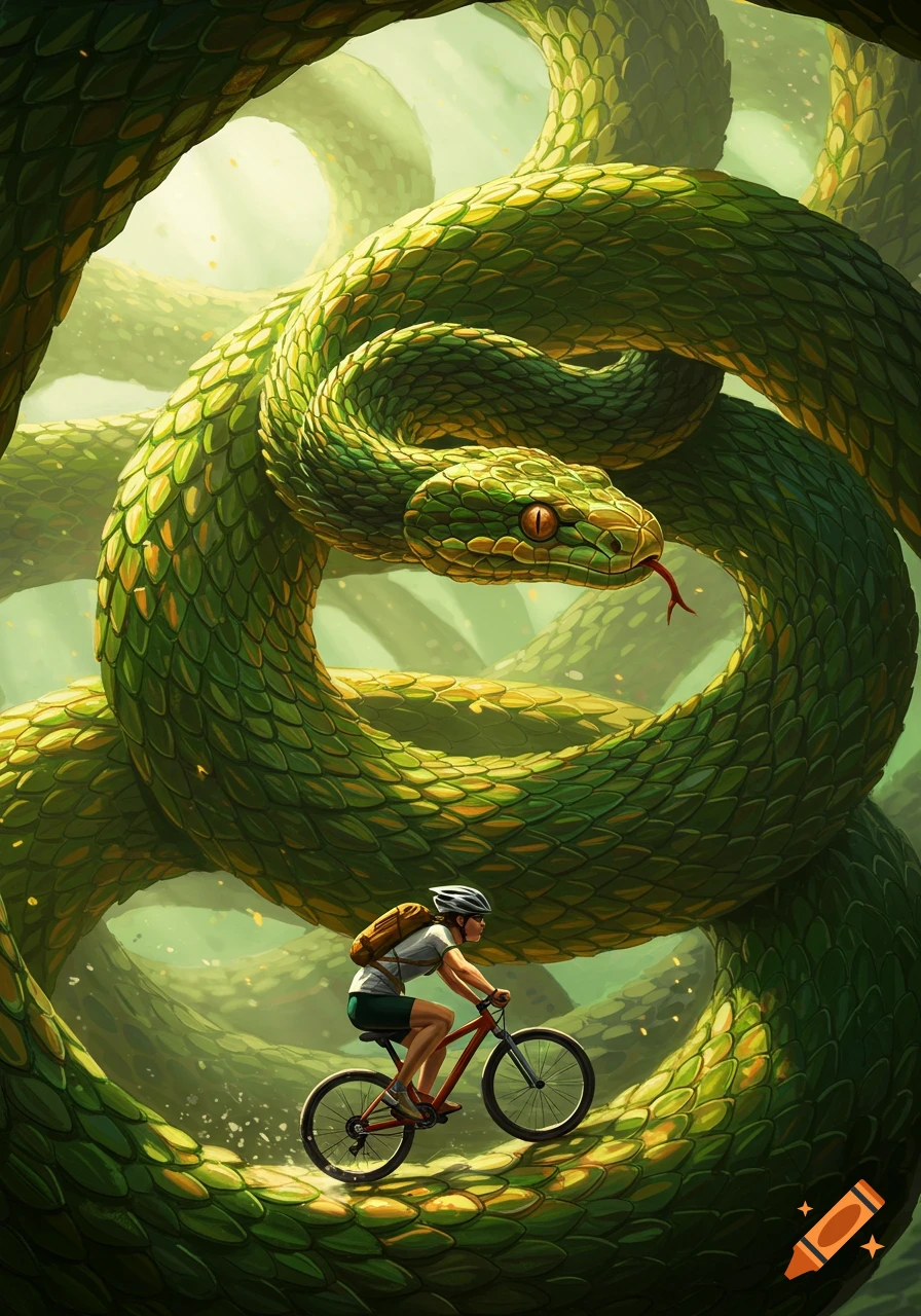 A cyclist rides a red mountain bike along the interior of a massive green snake, depicted in a fantastical art style.