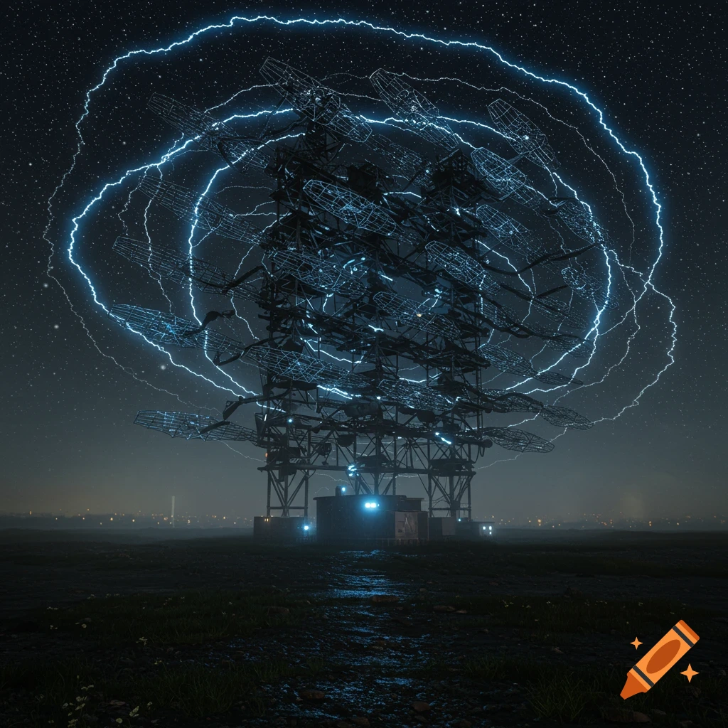A massive, complex radar antenna emits powerful blue electrical arcs under a starry night sky in a dark, open field with distant city lights.