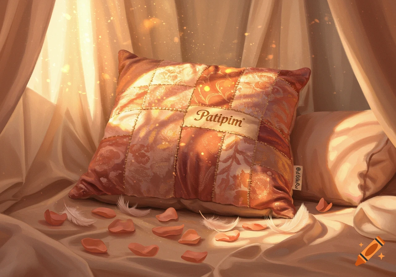 A soft, patchwork pillow with 'Patipim' on it, surrounded by rose petals and feathers on draped fabric, bathed in warm sunlight.