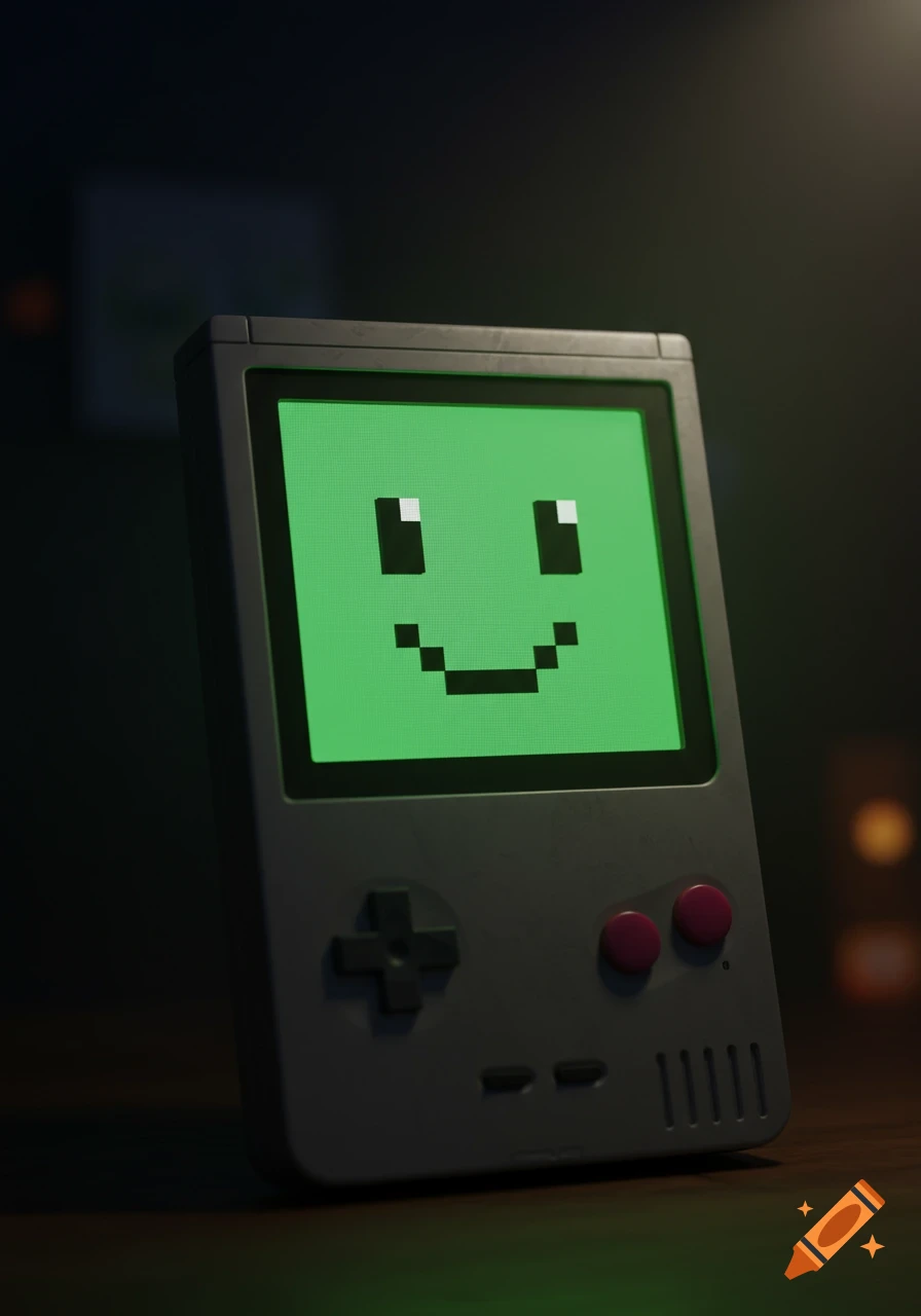A close-up of a grey handheld game console with a bright green pixelated smiley face on its screen, set against a dark, blurred background.