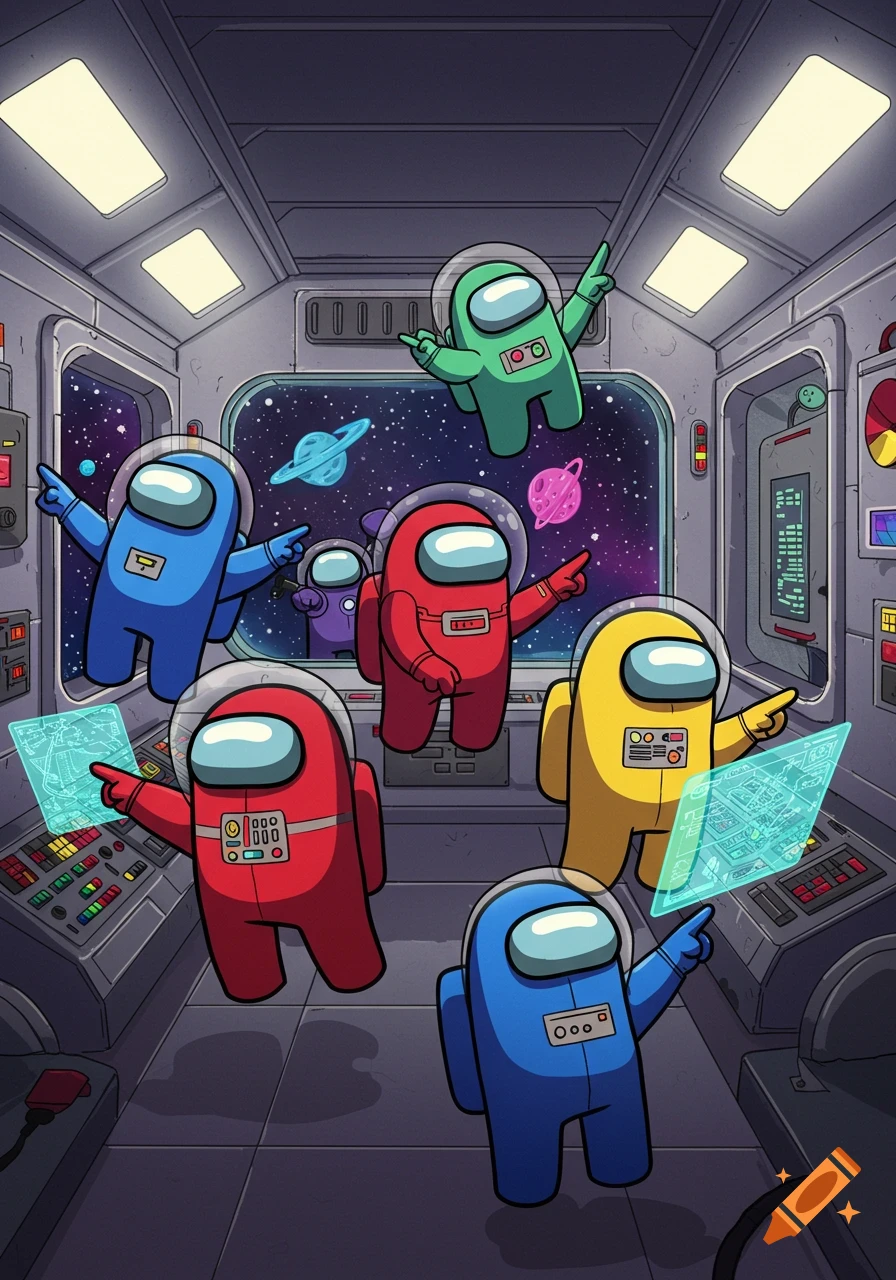 Colorful Among Us characters in a spaceship's control room, some pointing at holographic screens and others floating in space visible through a window.