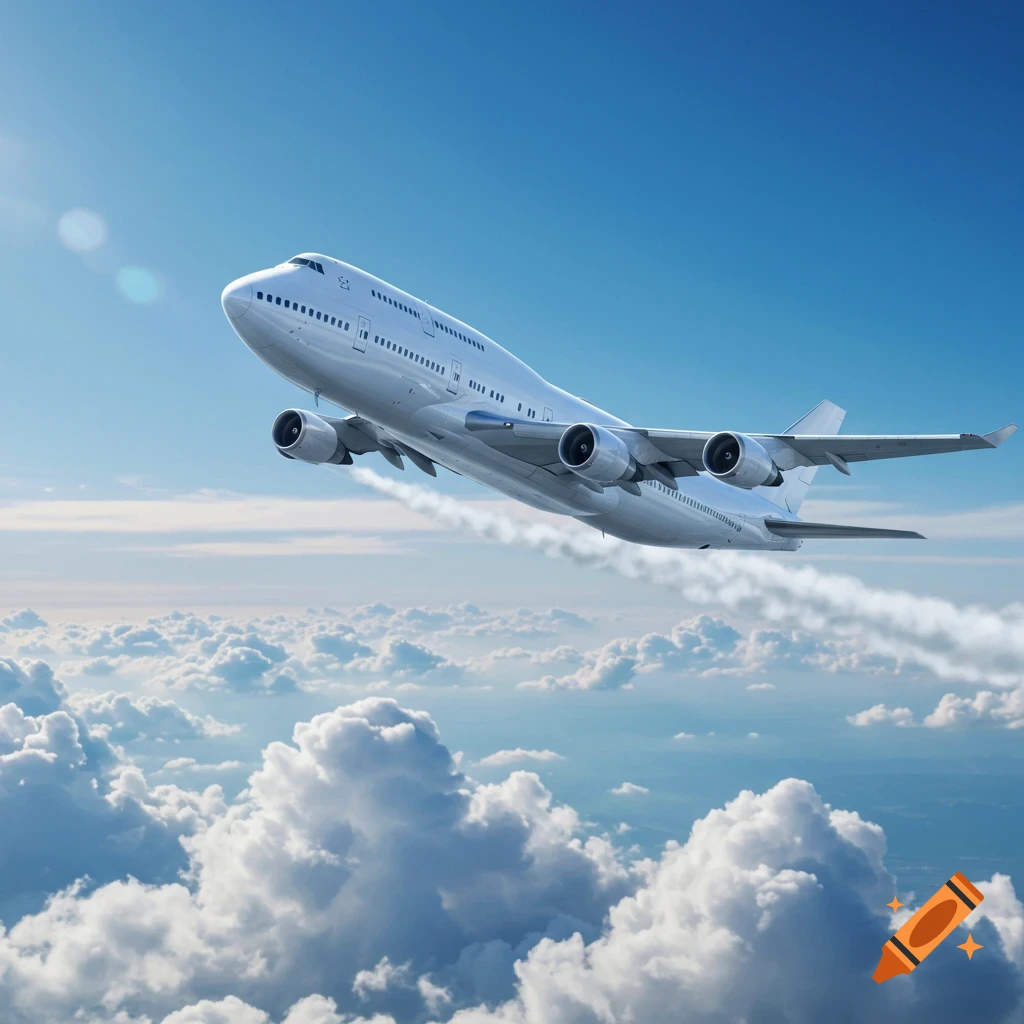 A photorealistic white Boeing 747 airplane flying high in a bright blue sky above fluffy white clouds.
