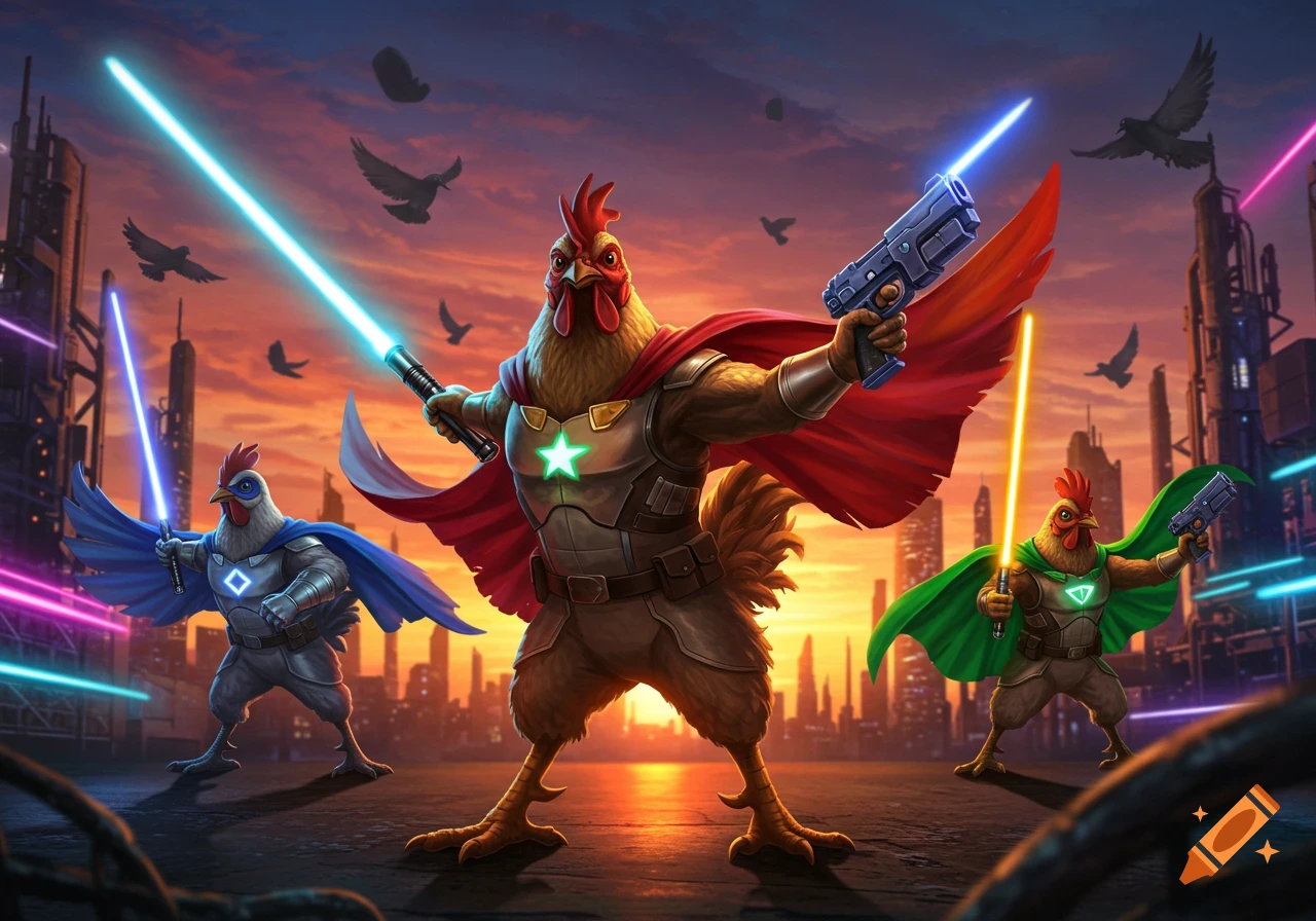 Three vibrant chicken superheroes in capes and armor, wielding lightsabers and guns against a futuristic city sunset.