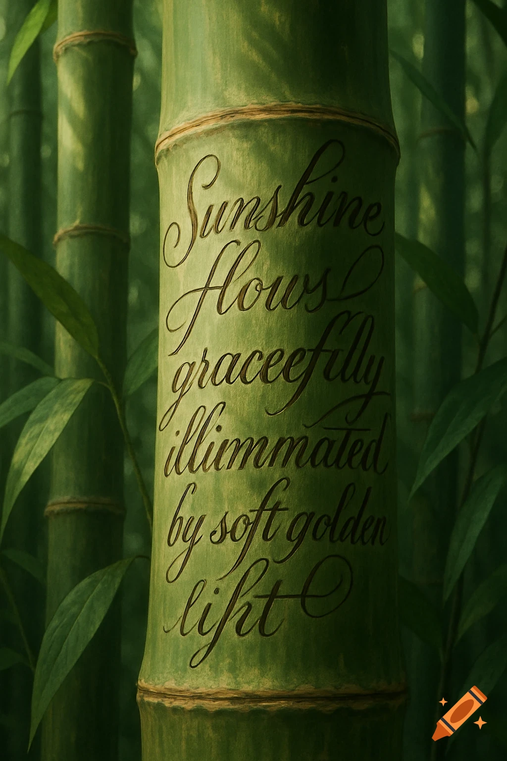 Close-up of a green bamboo stalk with elegant carved script reading 'Sunshine flows gracefully illuminated by soft golden lift'.