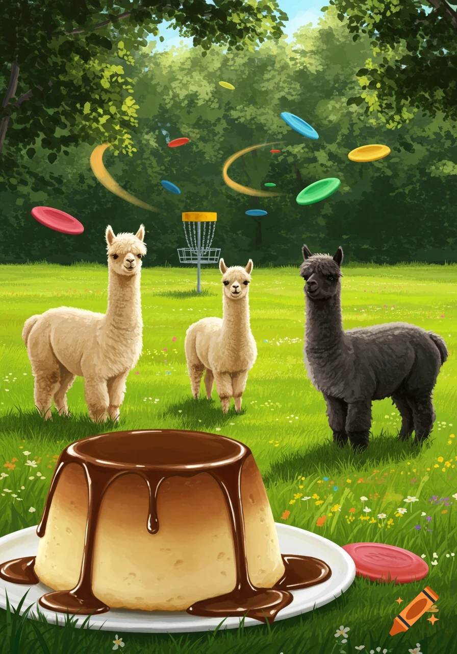 Digital illustration of three alpacas playing disc golf in a park with a large pudding cup in the foreground.