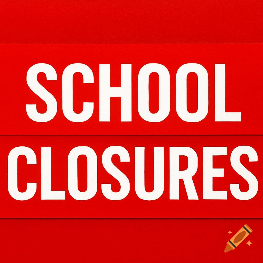White uppercase text 'SCHOOL CLOSURES' on a red background, resembling an alert graphic.