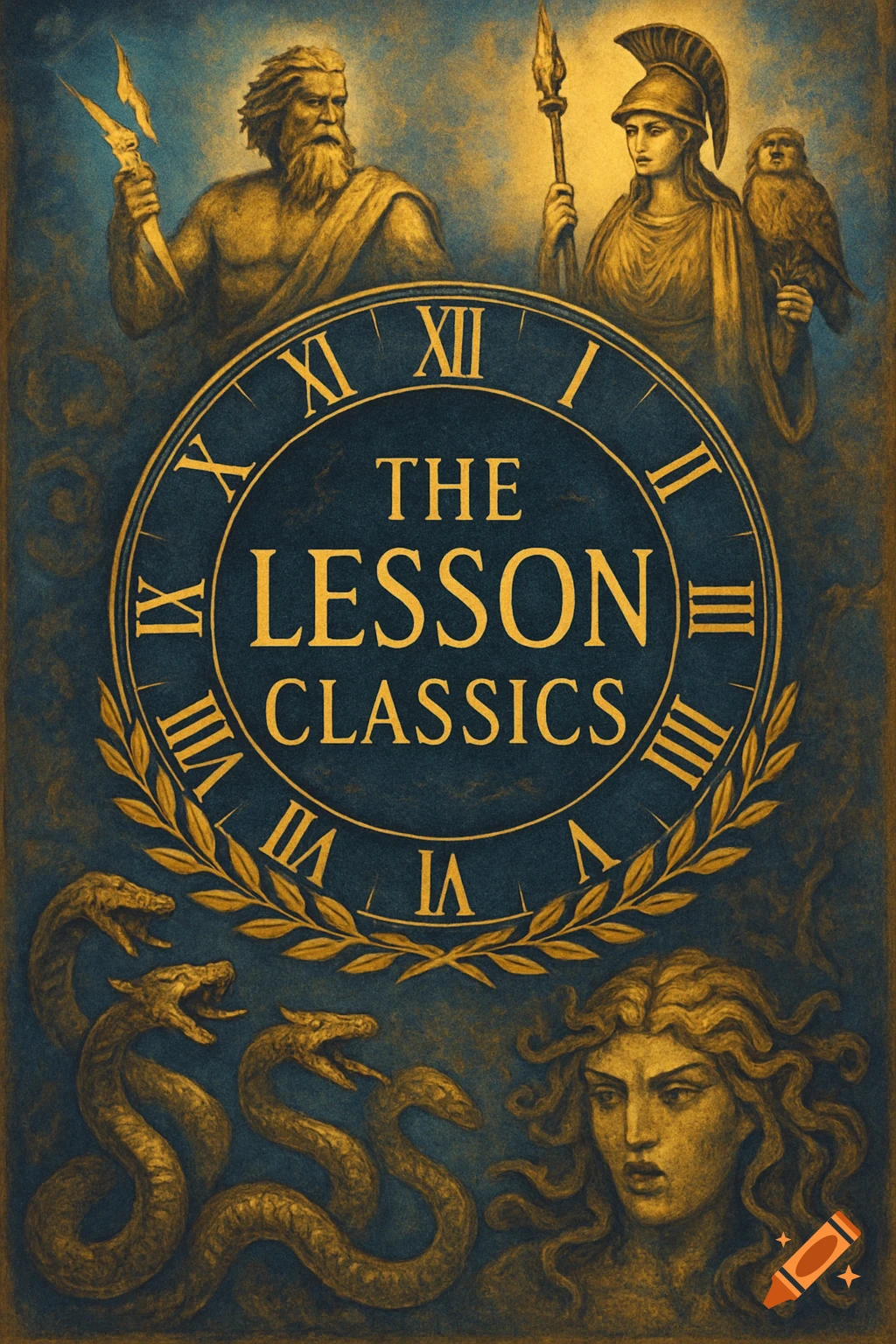 A dark gold and blue book cover featuring Greek gods Zeus and Athena, Medusa-like snakes, and a central clock face with the title 'THE LESSON CLASSICS' in gold.