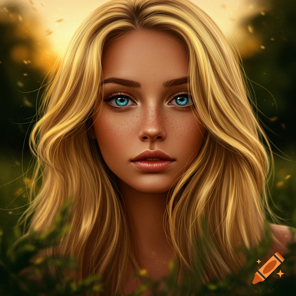 Close-up portrait of a blonde woman with bright blue eyes, freckles on her nose, and full lips, bathed in golden light outdoors.