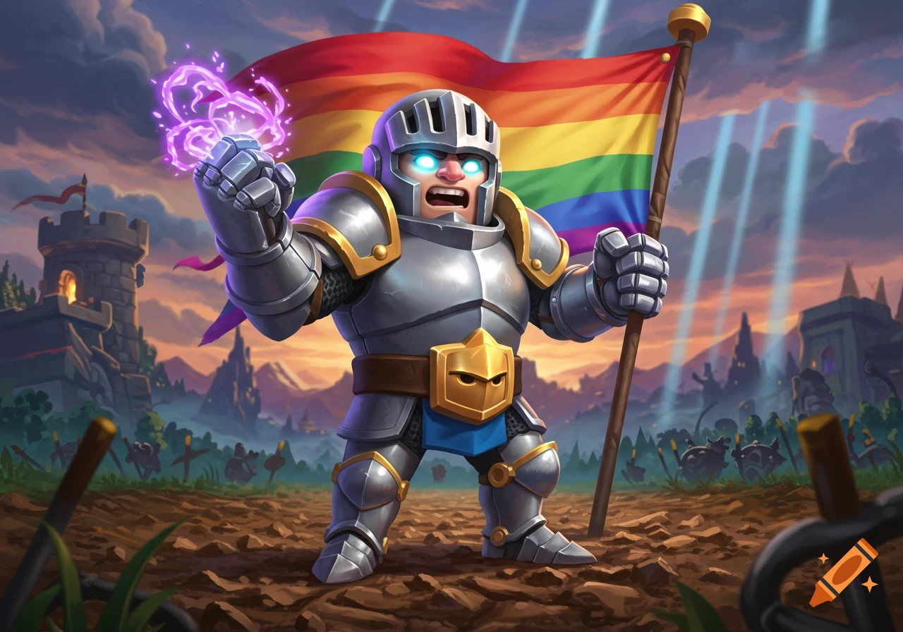 Cartoon knight in shining armor holding a rainbow pride flag with a castle and mountains in the background, video game art style.