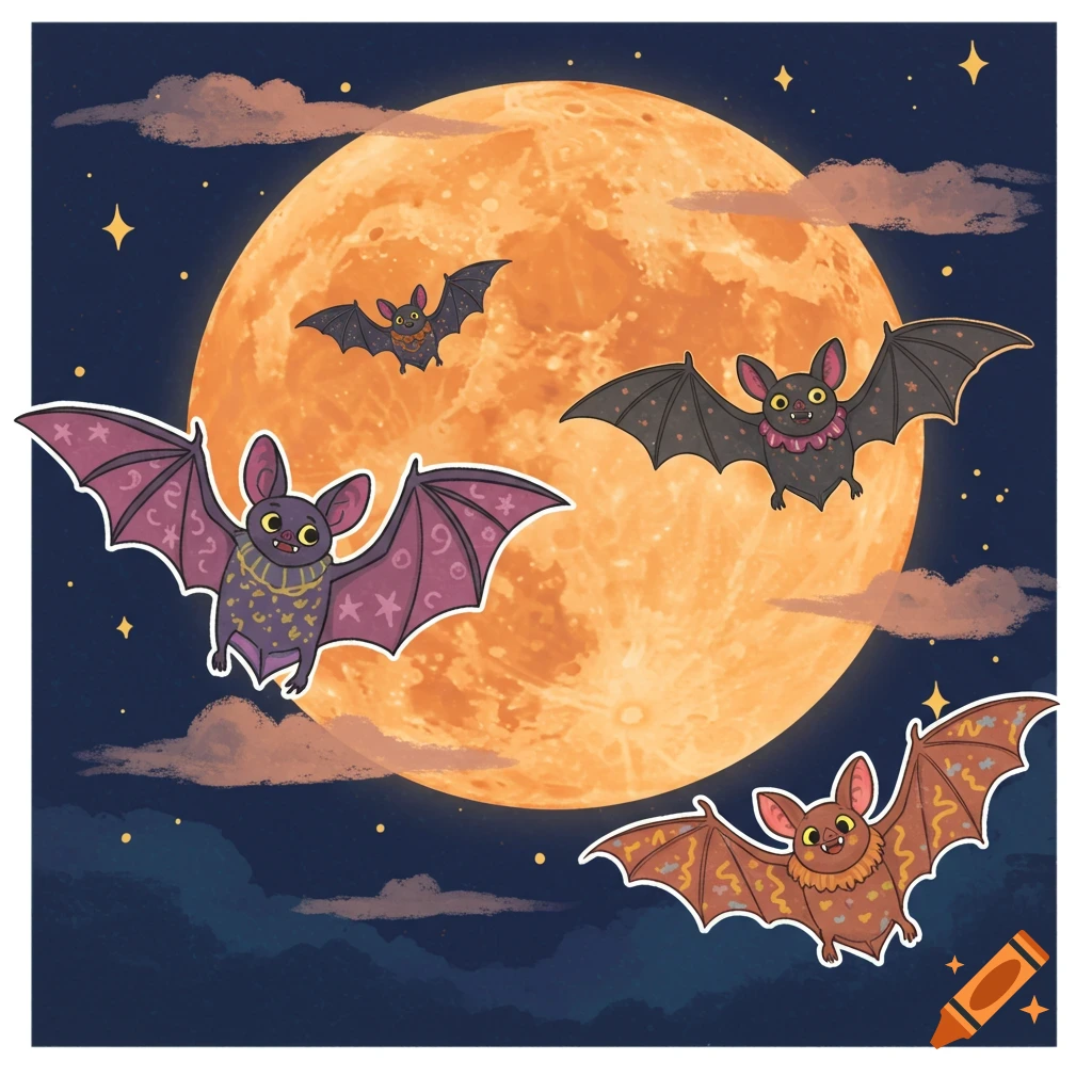Cute cartoon bats flying in a starry night sky in front of a large orange full moon, in a sticker art style.