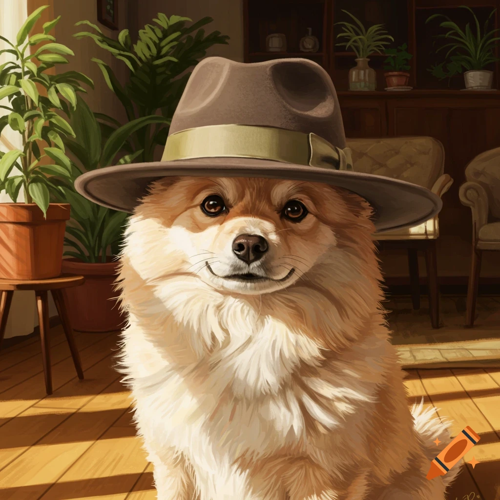 A fluffy light brown and white dog in a brown fedora smiles gently in a sunlit room with houseplants. Painted style.