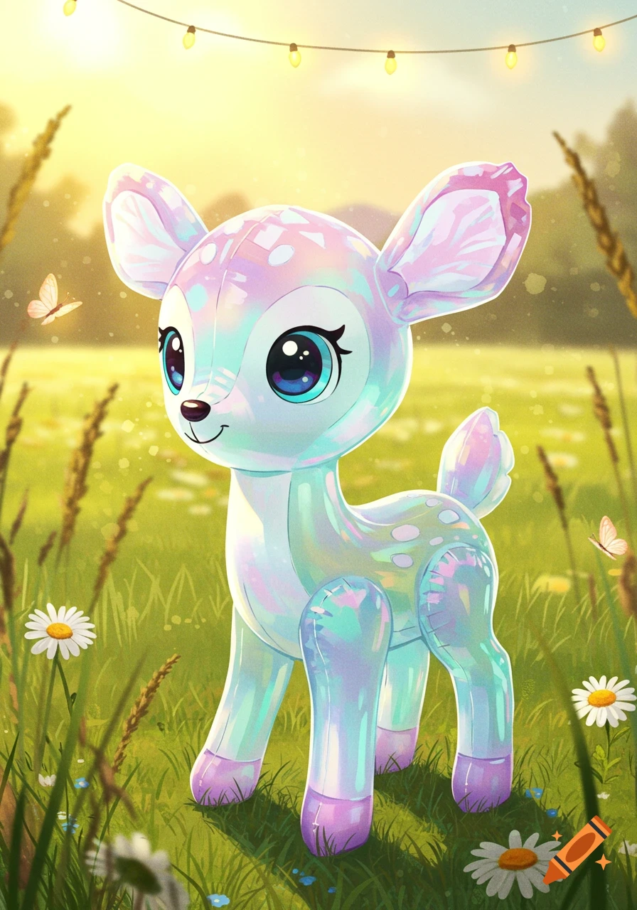 A cute, iridescent inflatable baby fawn stands in a sunny field with daisies, butterflies, and string lights.