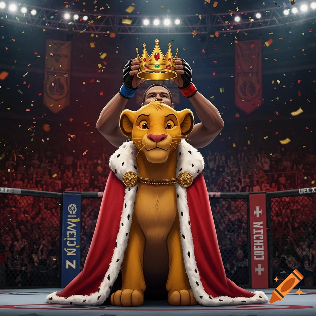 Simba in a royal robe being crowned by an MMA fighter in a packed arena with confetti.