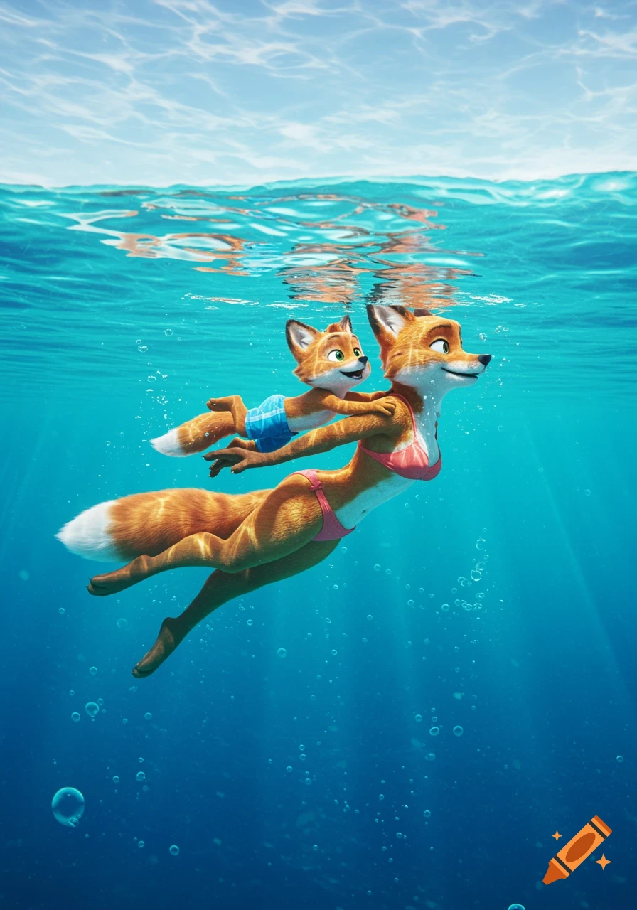 Animated anthropomorphic fox mother in a pink bikini swims underwater with her son in blue trunks riding on her back.