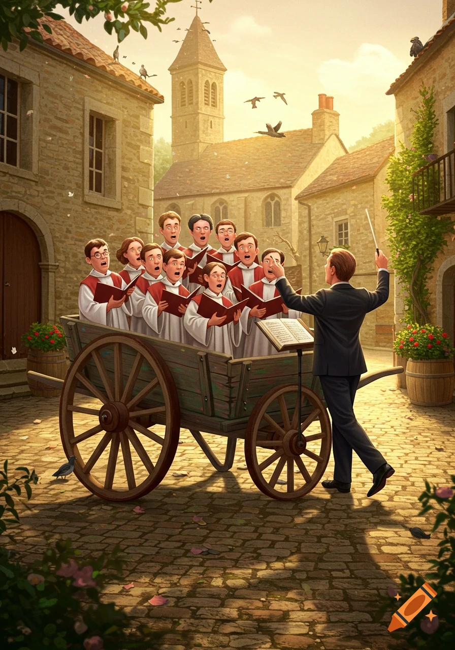 A conductor leads a choir singing from a wooden wheelbarrow in a sunlit cobblestone village street, in a cheerful illustrated style.