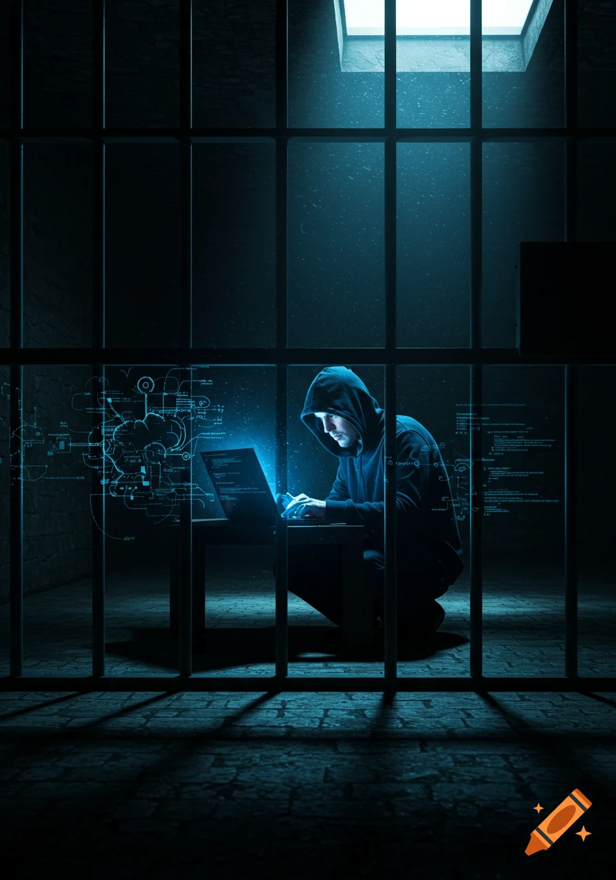 A hooded man hacks on a glowing laptop in a dark prison cell, viewed through metal bars. Cybernetic data floats around him.