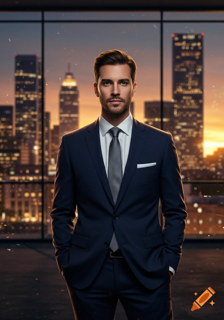 Photorealistic portrait of a man in a navy suit and grey tie, standing in an office overlooking a city skyline at sunset.
