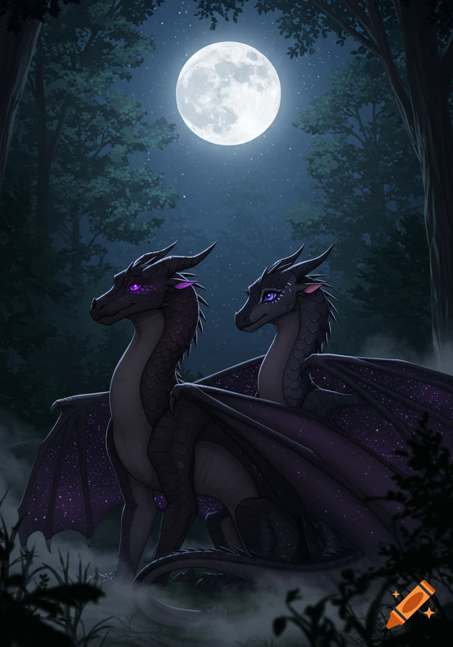 Two dark-scaled dragons with starry wings and glowing purple eyes sit side-by-side in a misty forest under a full moon.