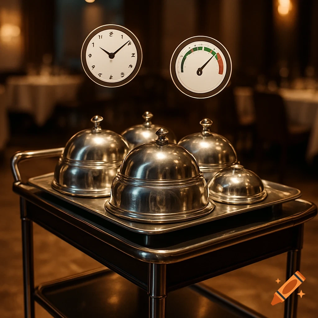 A shiny metal food service cart with five covered dishes in a dim restaurant, with icons of a clock and a temperature gauge floating above.