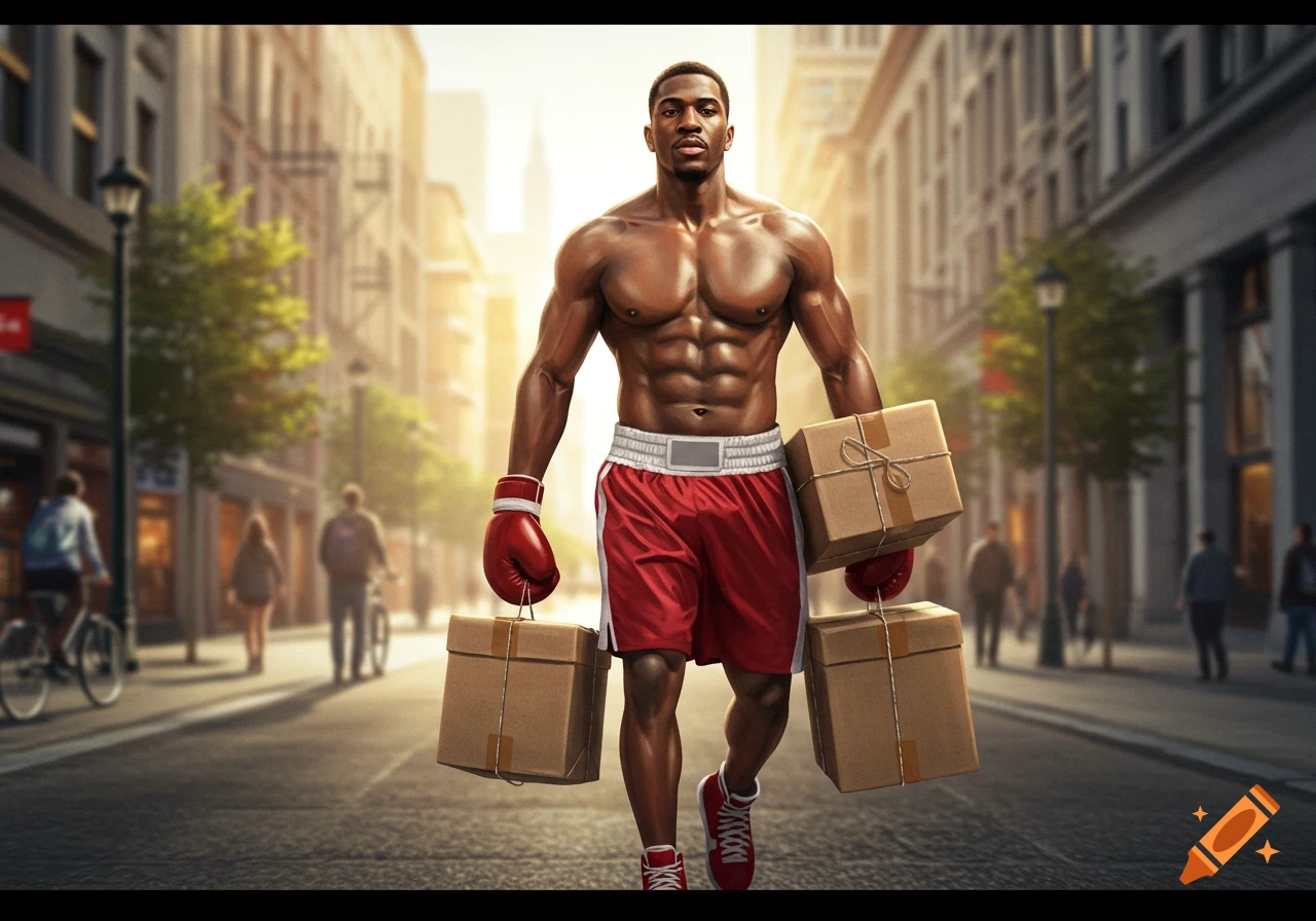 Muscular Black man in boxing gear carries packages down a sunlit city street.