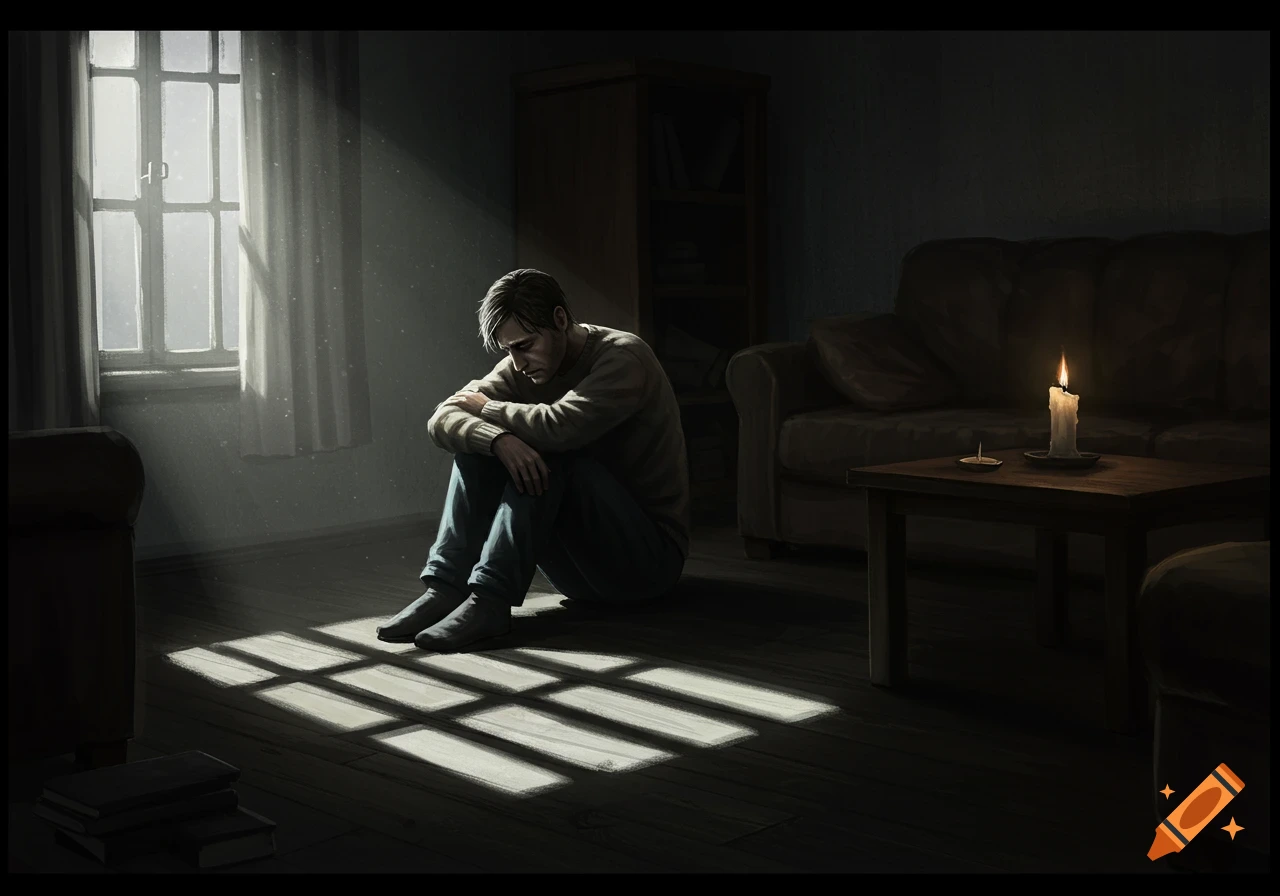 A lonely man sits on the floor in a dark room, illuminated by light from a window and a flickering candle.