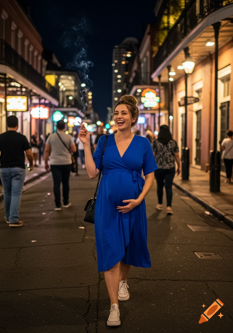 A smiling pregnant woman in a blue wrap dress walks down a lively Bourbon Street at night, smoking a cigarette.