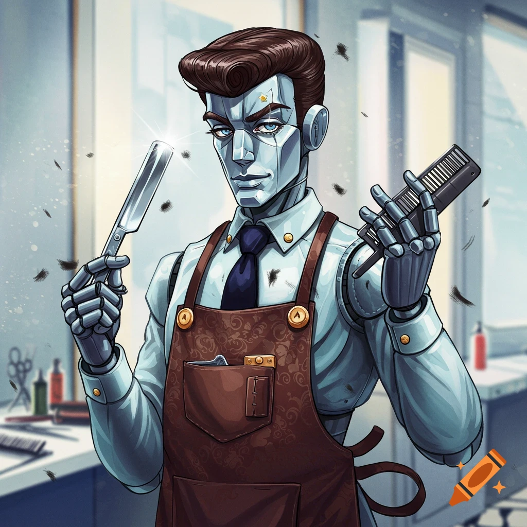 A stylish robot barber with dark hair and blue eyes holds a straight razor and comb, wearing an apron, in a barbershop. Anime style.