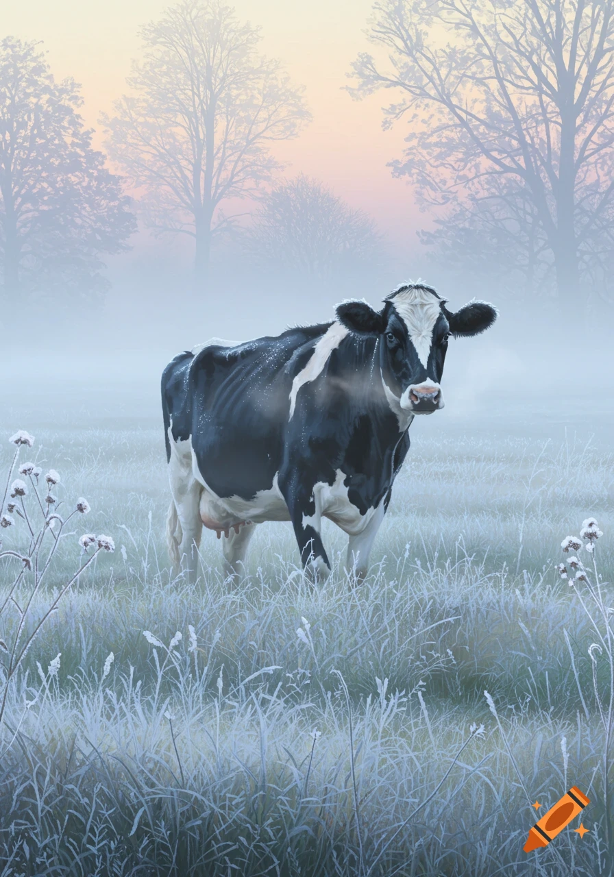 A black and white cow stands in a frosty, misty field with bare trees in the background during sunrise.