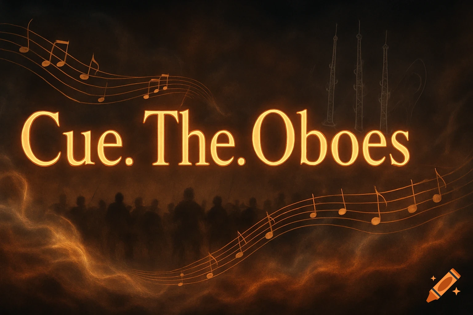 Glowing orange text 'Cue. The. Oboes' with musical notes, dark silhouettes of people, and faint oboe outlines on a smoky, dark background.