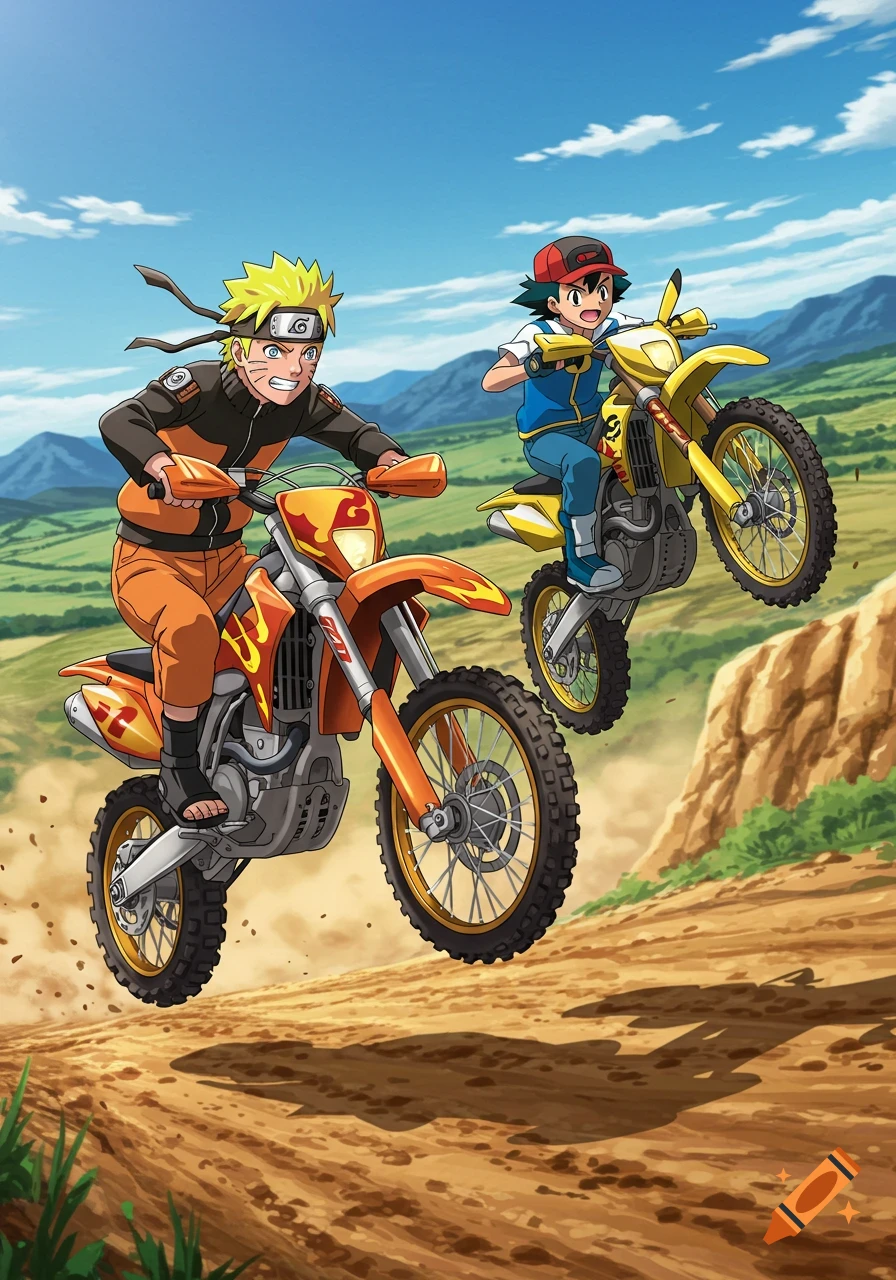 Naruto and Ash Ketchum jump their dirt bikes on a sunny, hilly motocross track in an anime art style.