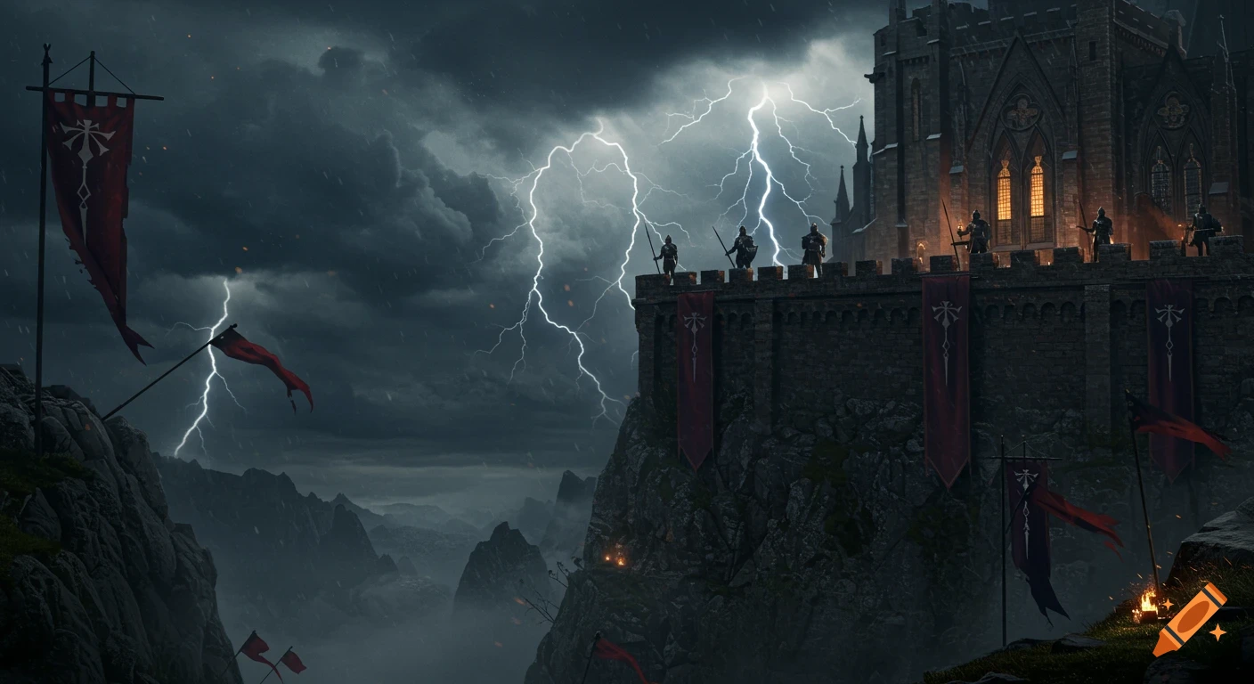 An epic cinematic scene of a grand castle perched on a cliff under a stormy sky with lightning. Mysterious knights stand on the towers, and banners wave in the wind.