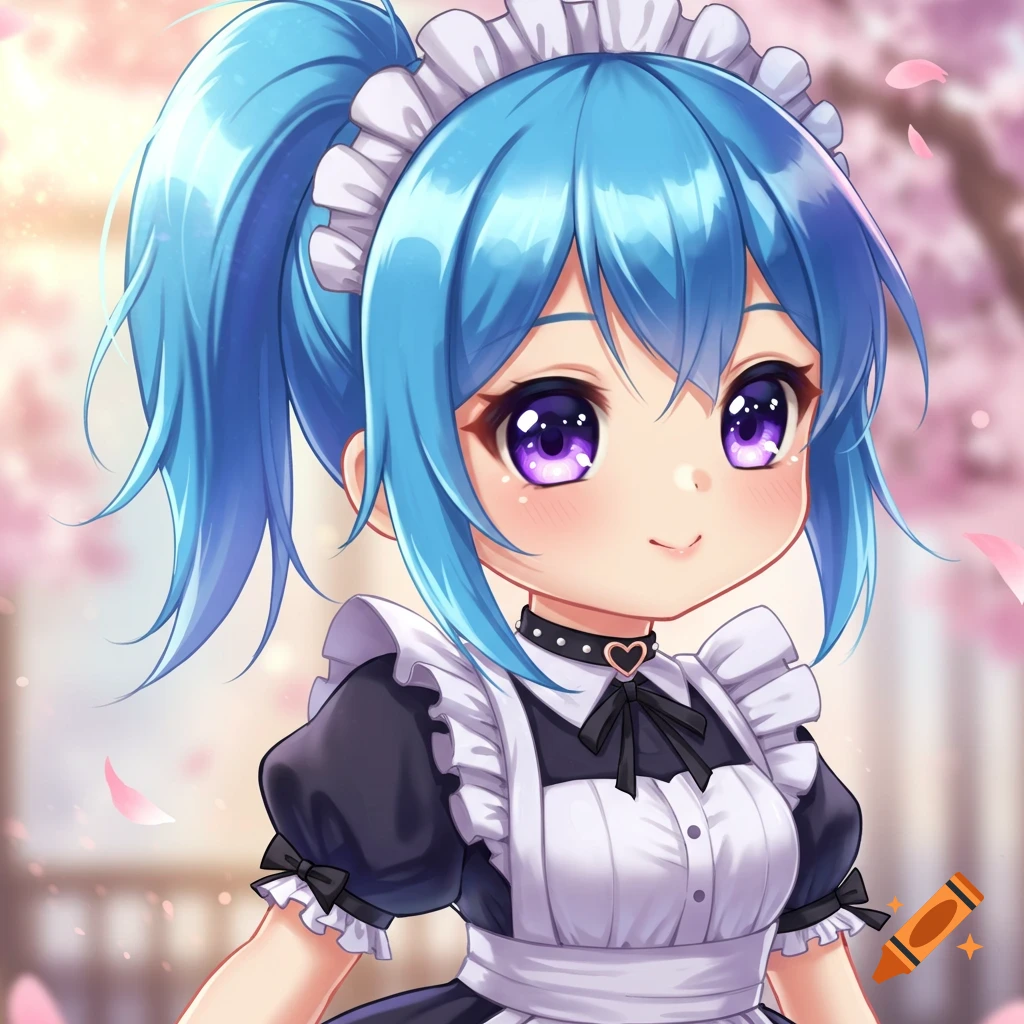 A kawaii anime girl with a blue ponytail, huge purple eyes, and a maid outfit, with cherry blossoms in the background.