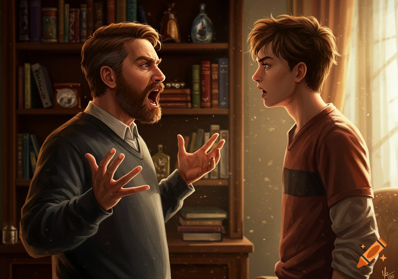 Digital illustration of an angry bearded man shouting at a young boy in a room with a bookshelf.
