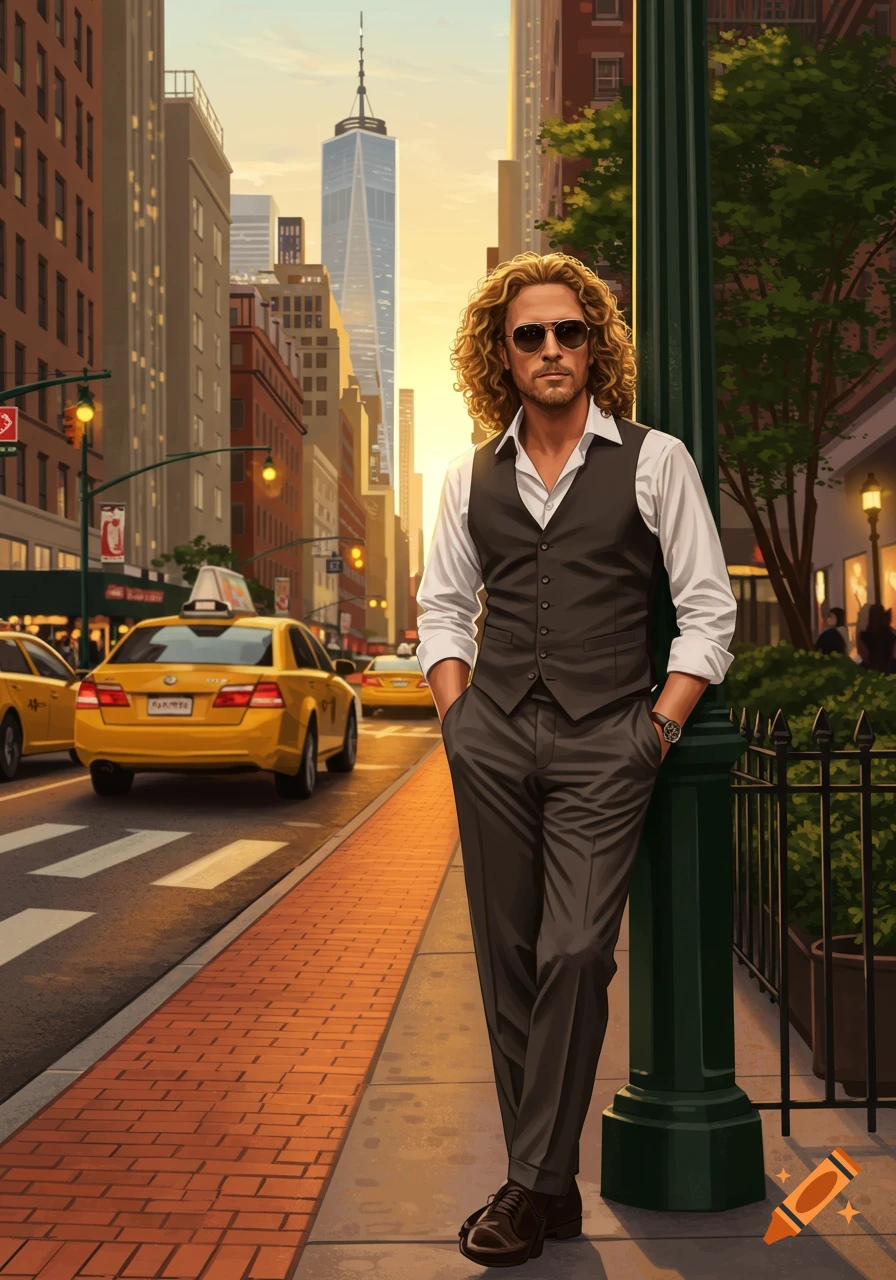 A stylish man with long curly hair and sunglasses leans on a lamppost on a busy New York City street with taxis and buildings.