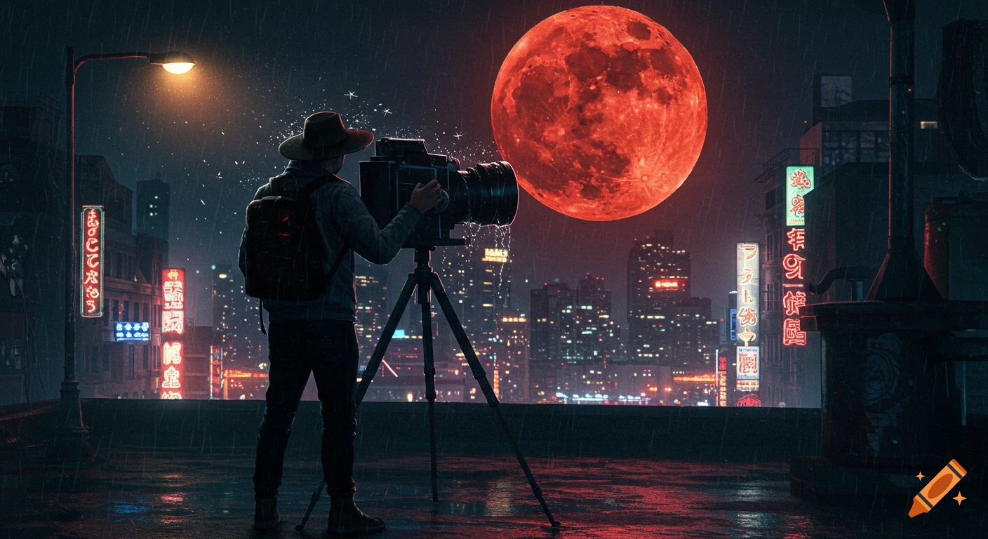 A person in a hat photographs a huge red super moon over a rainy, neon-lit city at night.